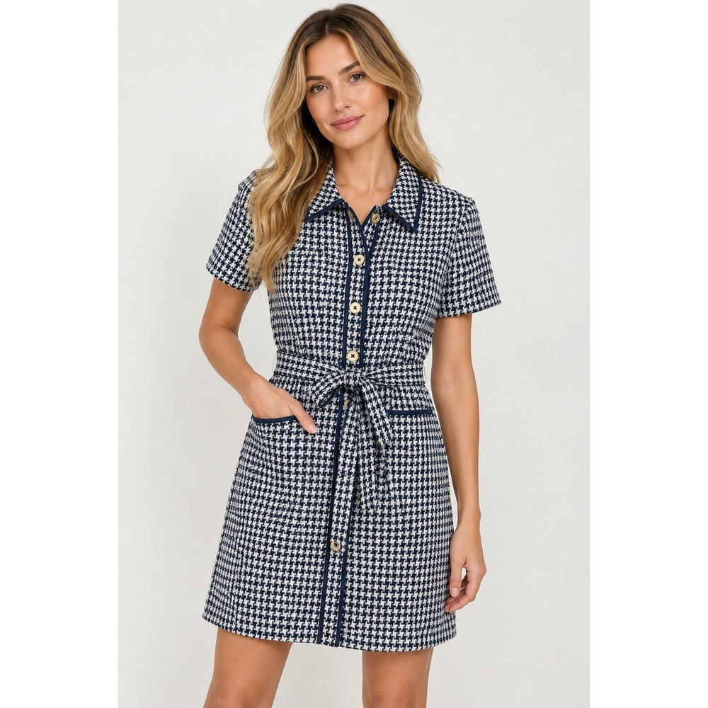 Boden Houndstooth Belted Shirt Dress Navy White Preppy Mod Size 10